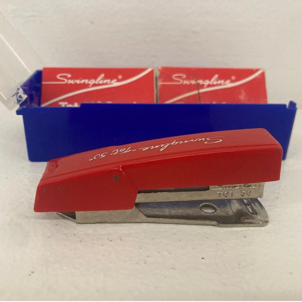 Vintage Swingline Tot 50 Red Mini Stapler Blue Case Staples Set Office Supplies